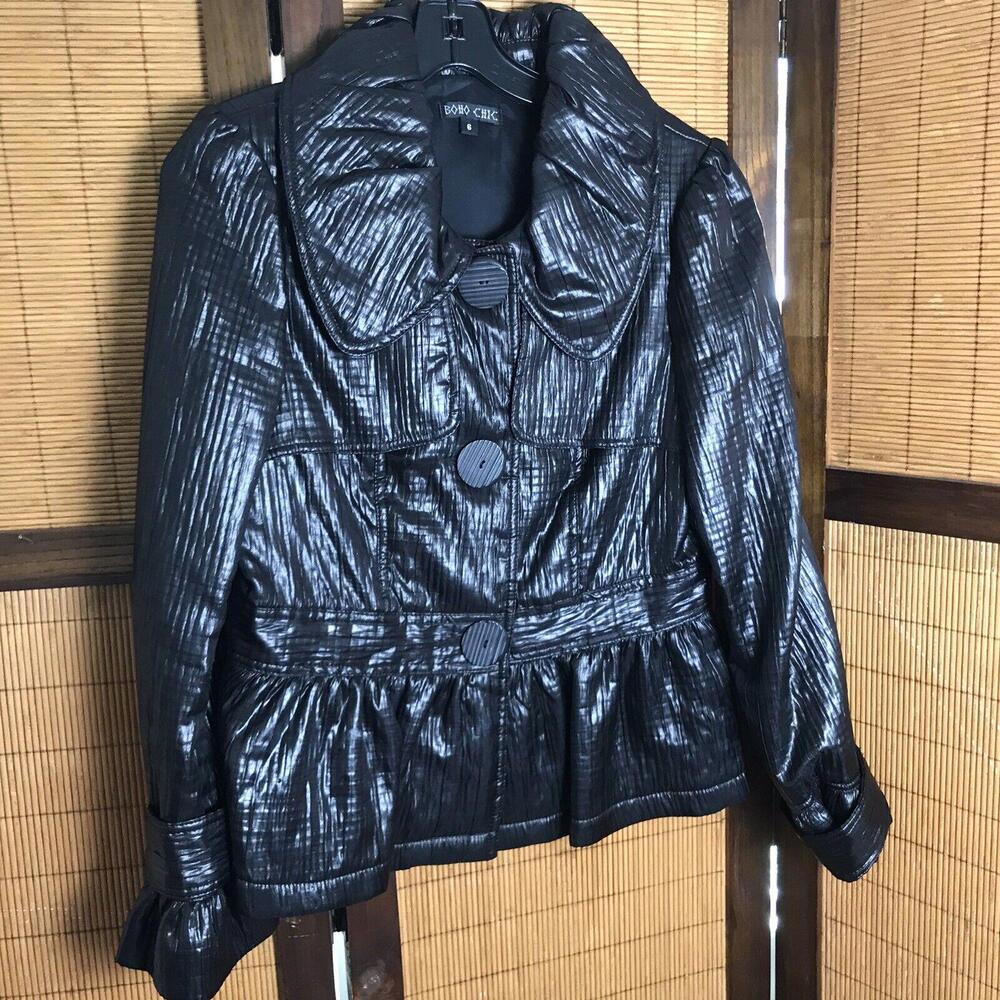 Vintage Boho Chic BLACK Full Zip Slim Button Lightweight Textured Jacket Size 6